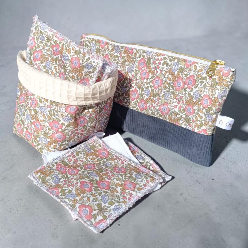 lingettes démaquillantes lavables avec panière et pochette de rangement fait main
