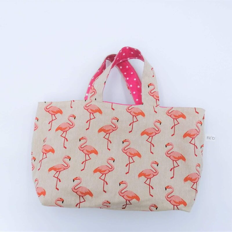 mini sac cabas flamants roses intérieur enduit rose à pois blancs