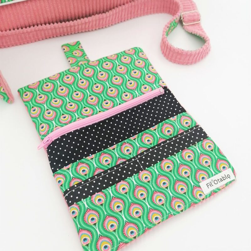 Sac besace Paon Vert et rose Portefeuille