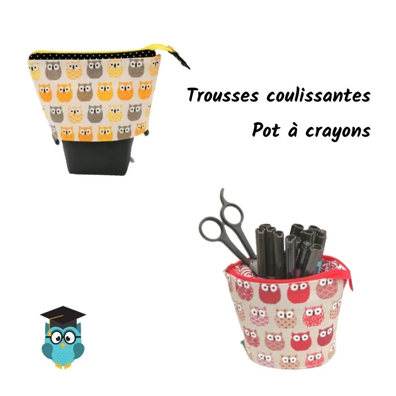 Trousses Pot à crayons Chouettes jaunes ou rouges au choix