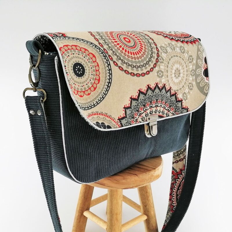 Sac à main forme besace velours bleu marine fermeture cartable