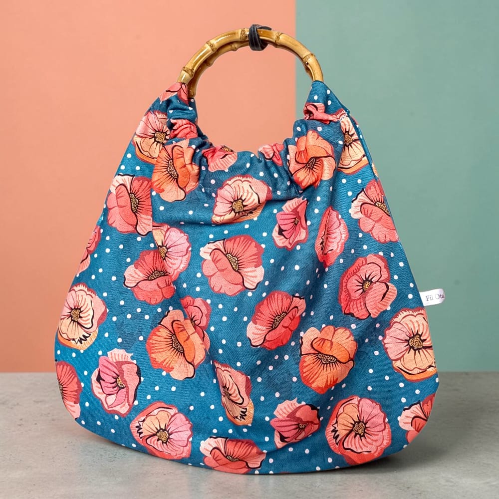 sac à main panier femme coquelicots avec anses rondes en bois fait main Fil'Otablo