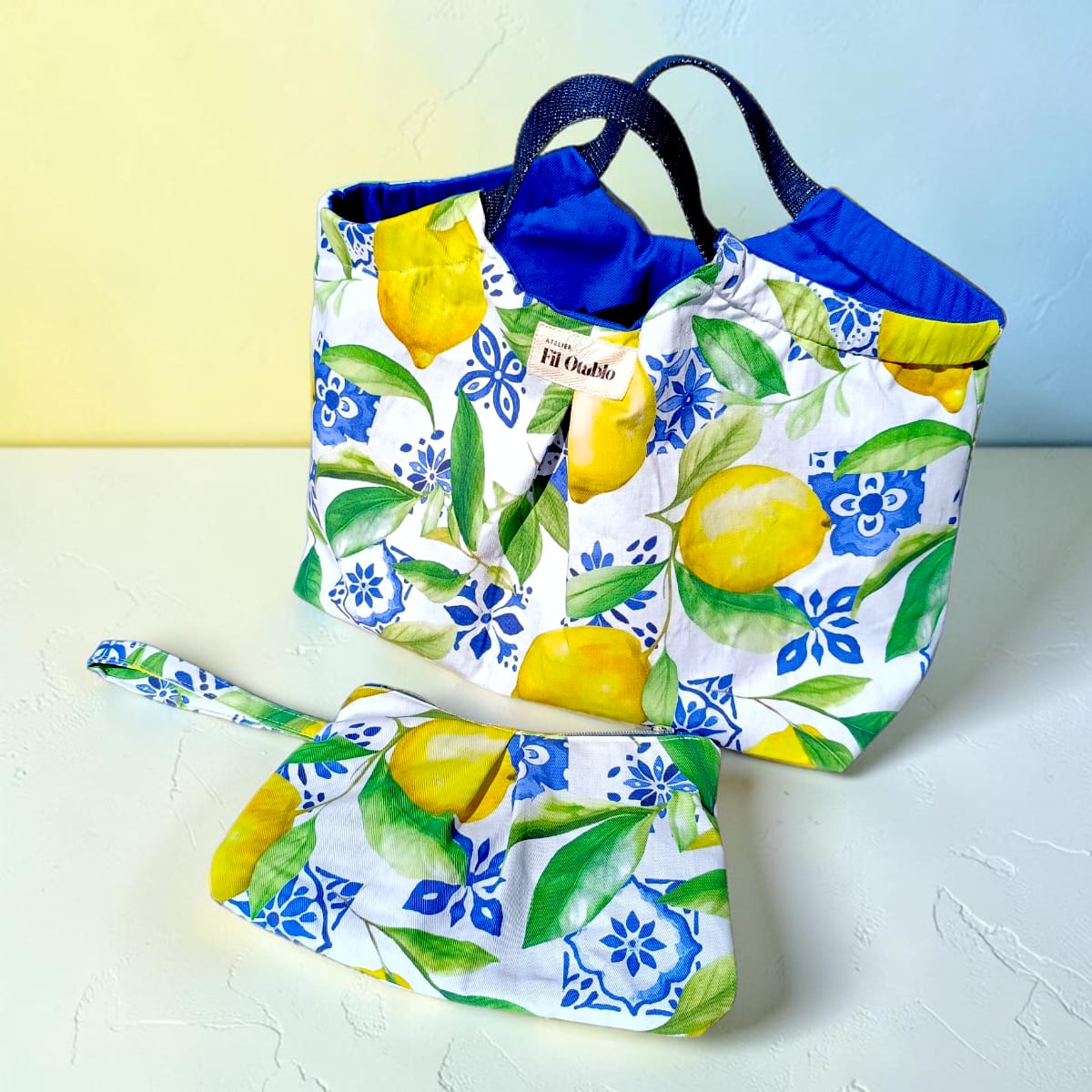 sac panière avec trousse pochette assortie en coton et motifs citrons dolce vita