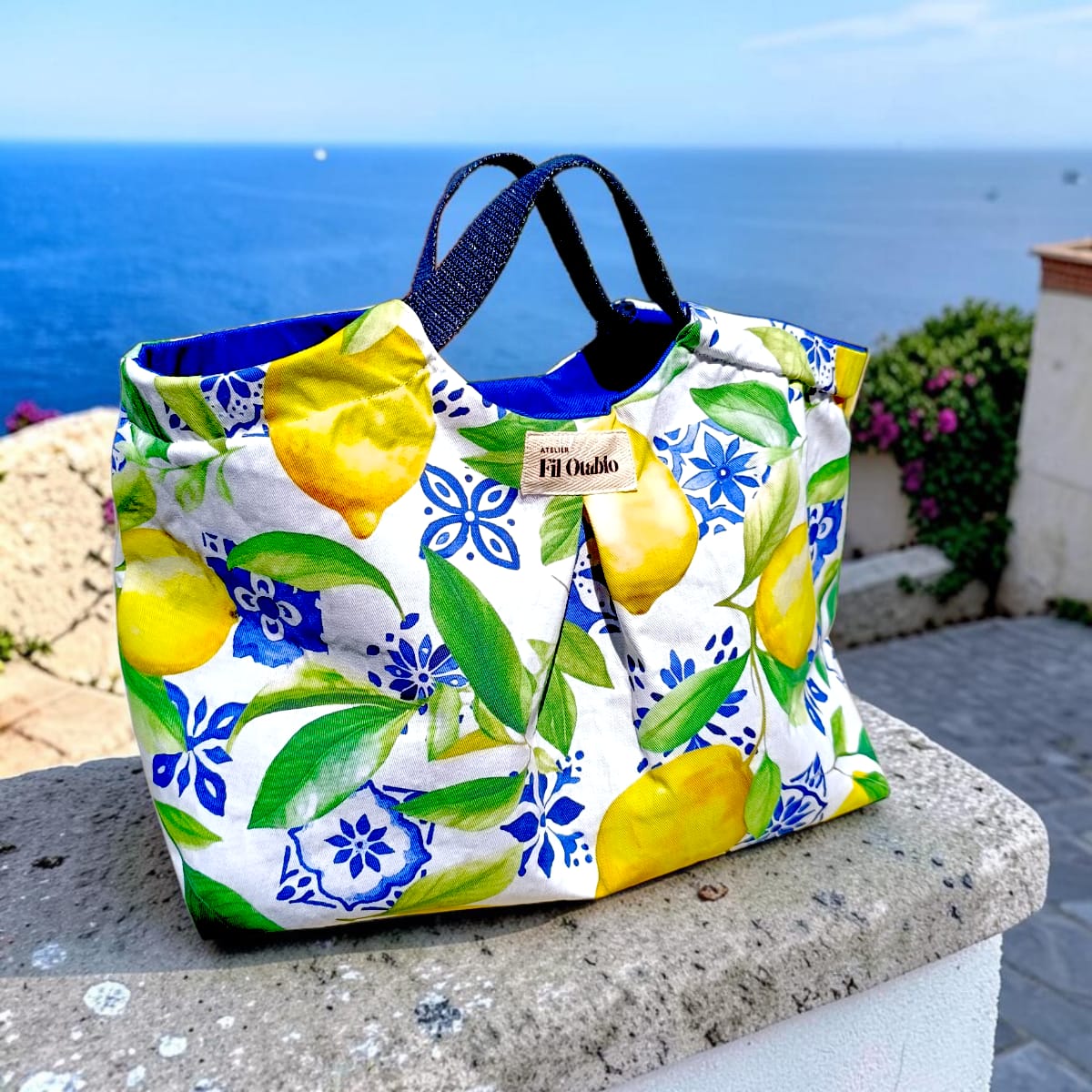 sac panière en tissu motifs citrons fait main