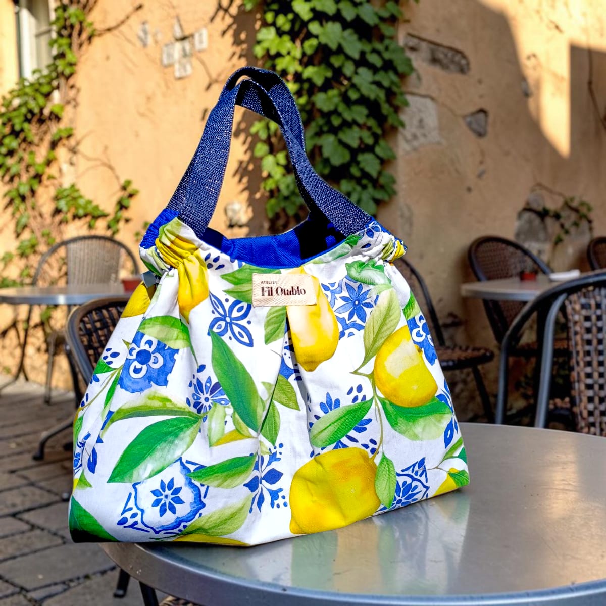 sac panière grande capacité tissu gabardine citrons anses réglables