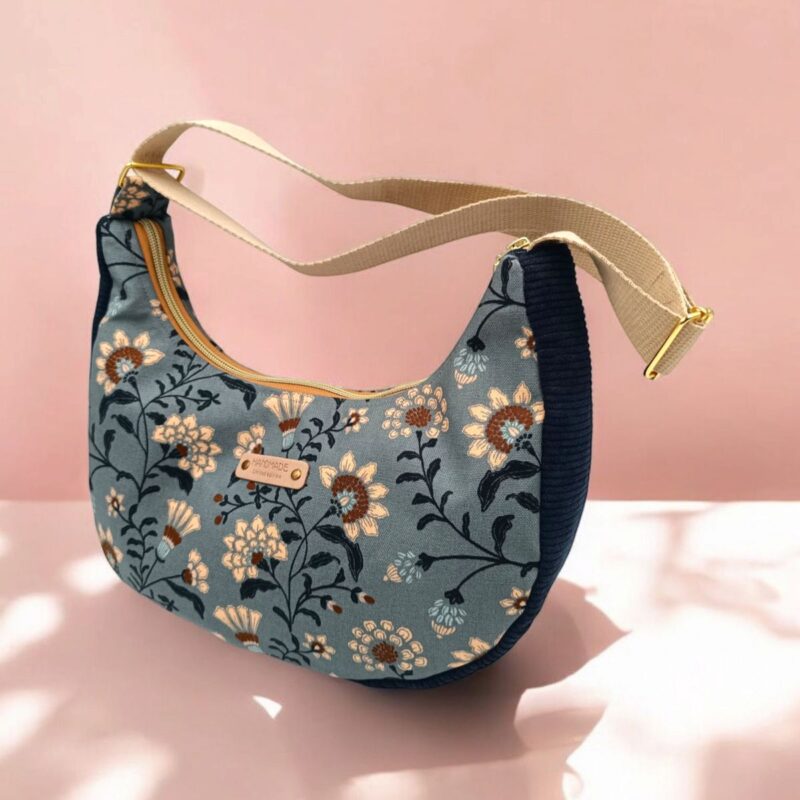 sac demi-lune femme bleu floral et velours