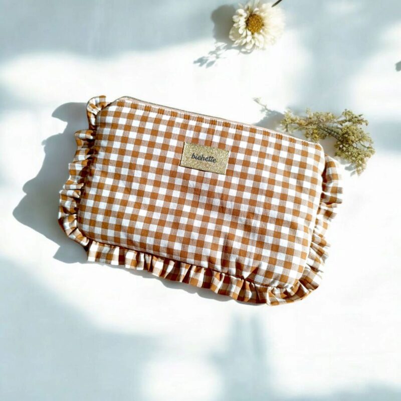 trousse vichy femme marron camel fait main