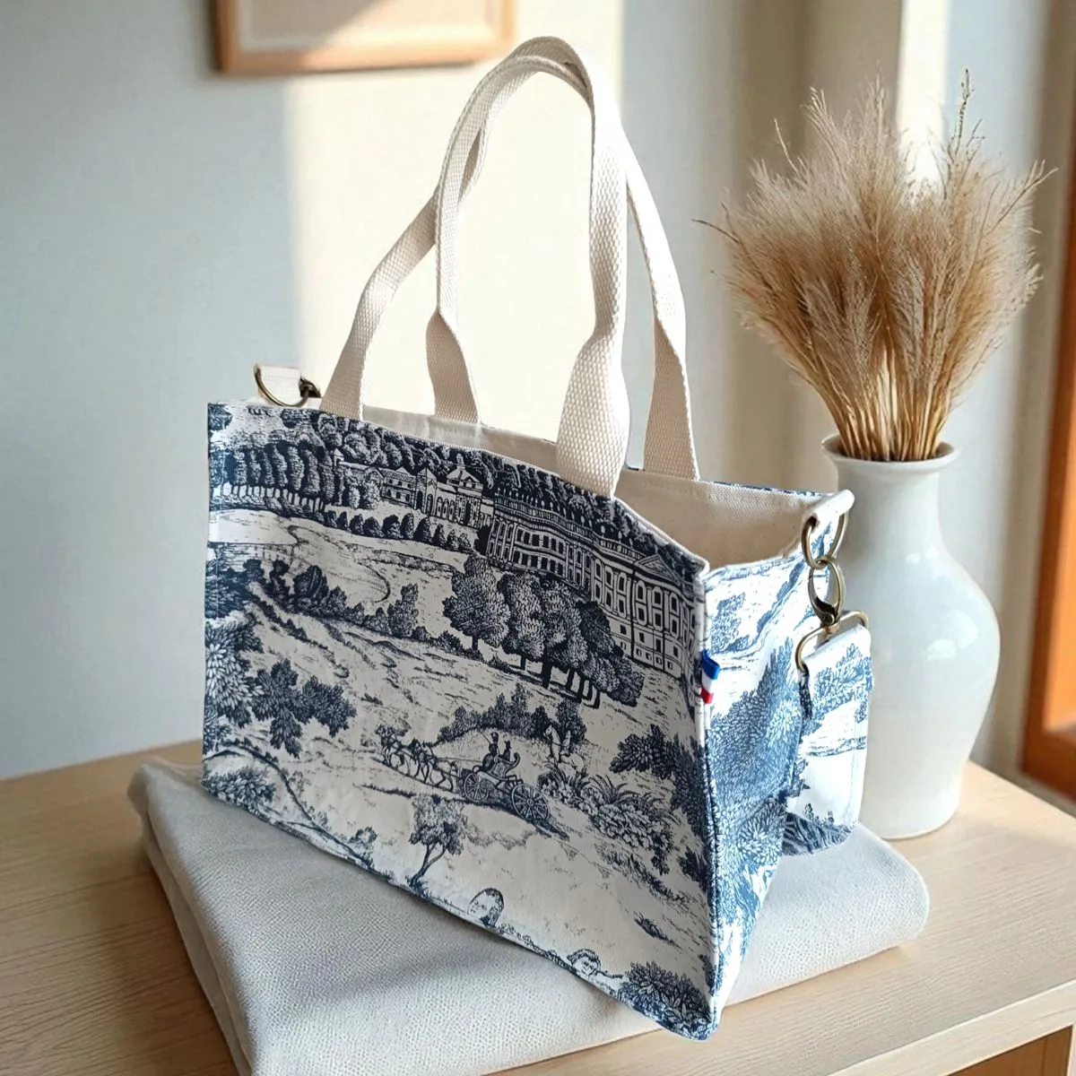 sac cabas toile de jouy bleu marine
