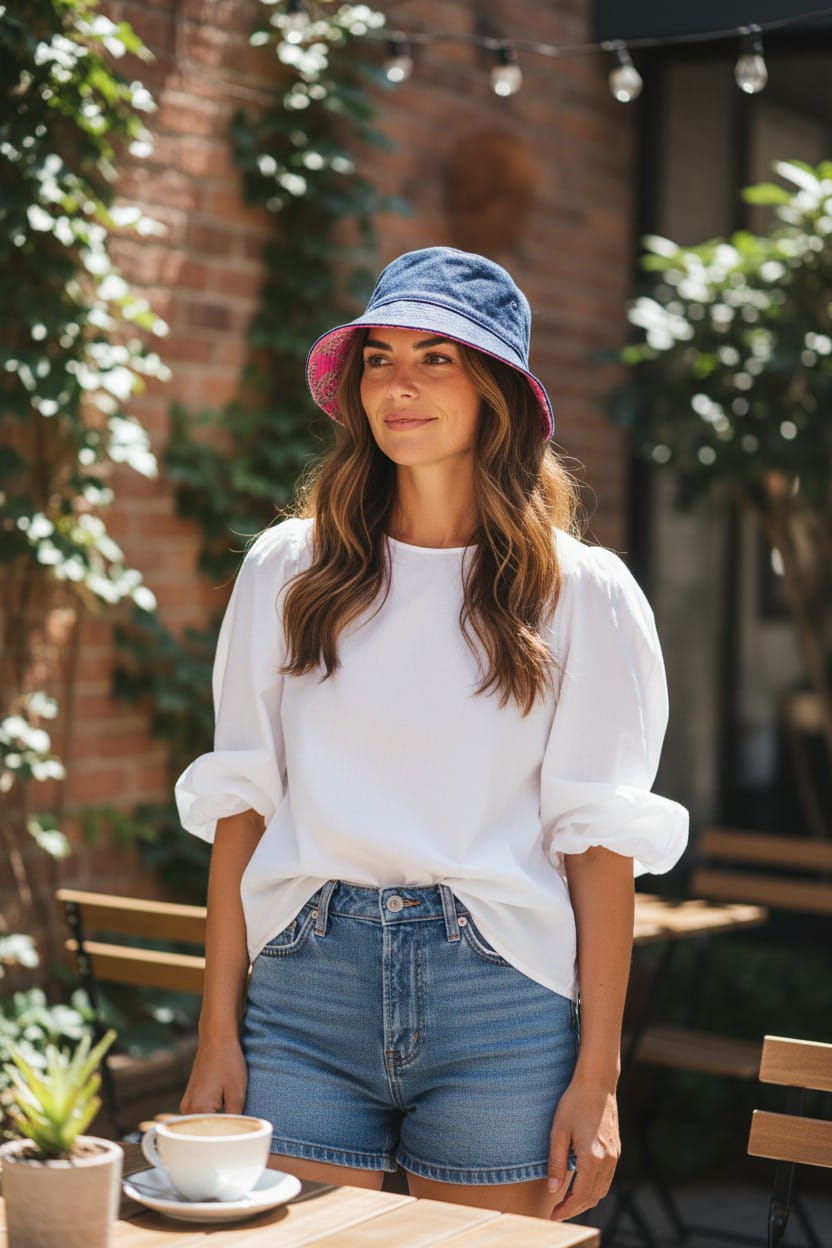 bob réversible en jean chapeau porté par une femme