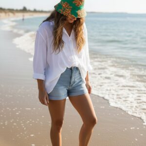 bob vert porté par une jeune femme sur la plage habillée avec un bermuda en jean et une chemise blanche