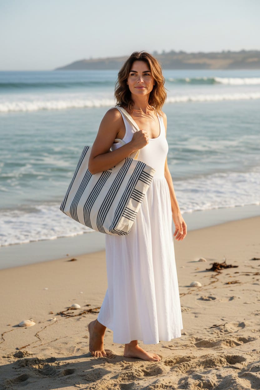 femme portant le sac de plage XXL avec serviette et affaires de plage