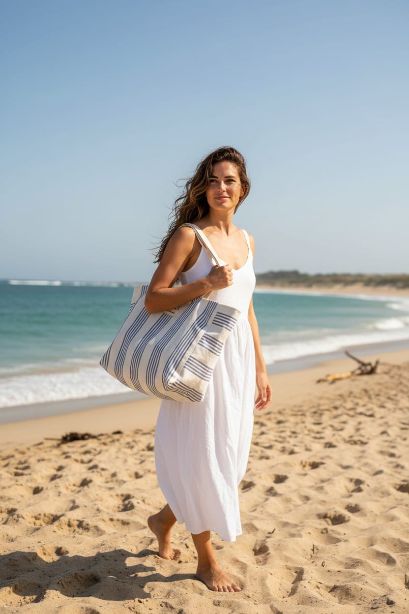 sac de plage XXL fait main en France tendance 2026 porté par une femme en robe blanche sur la plage