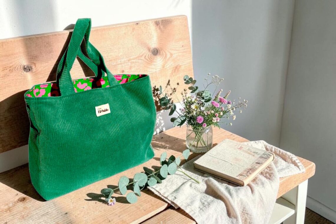 Entretenir un sac en velours côtelé : cabas vert basilic Fil'Otablo
