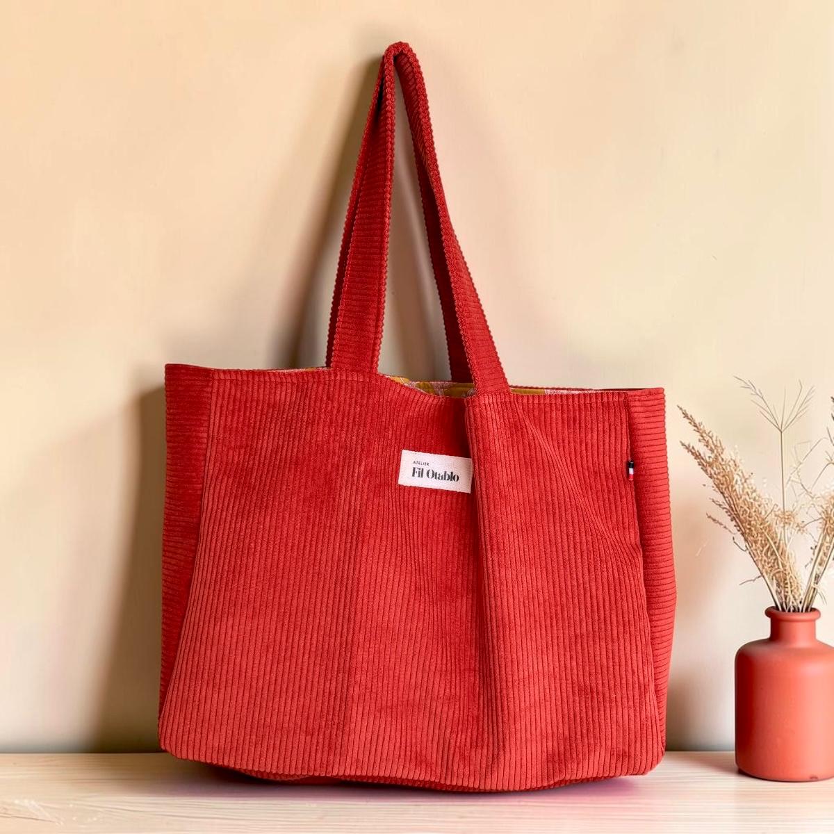 sac cabas terracotta en velours côtelé pour femme