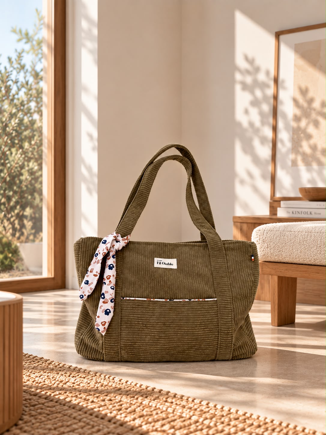 sac week end femme en velours camel dans un intérieur de maison chaleureux